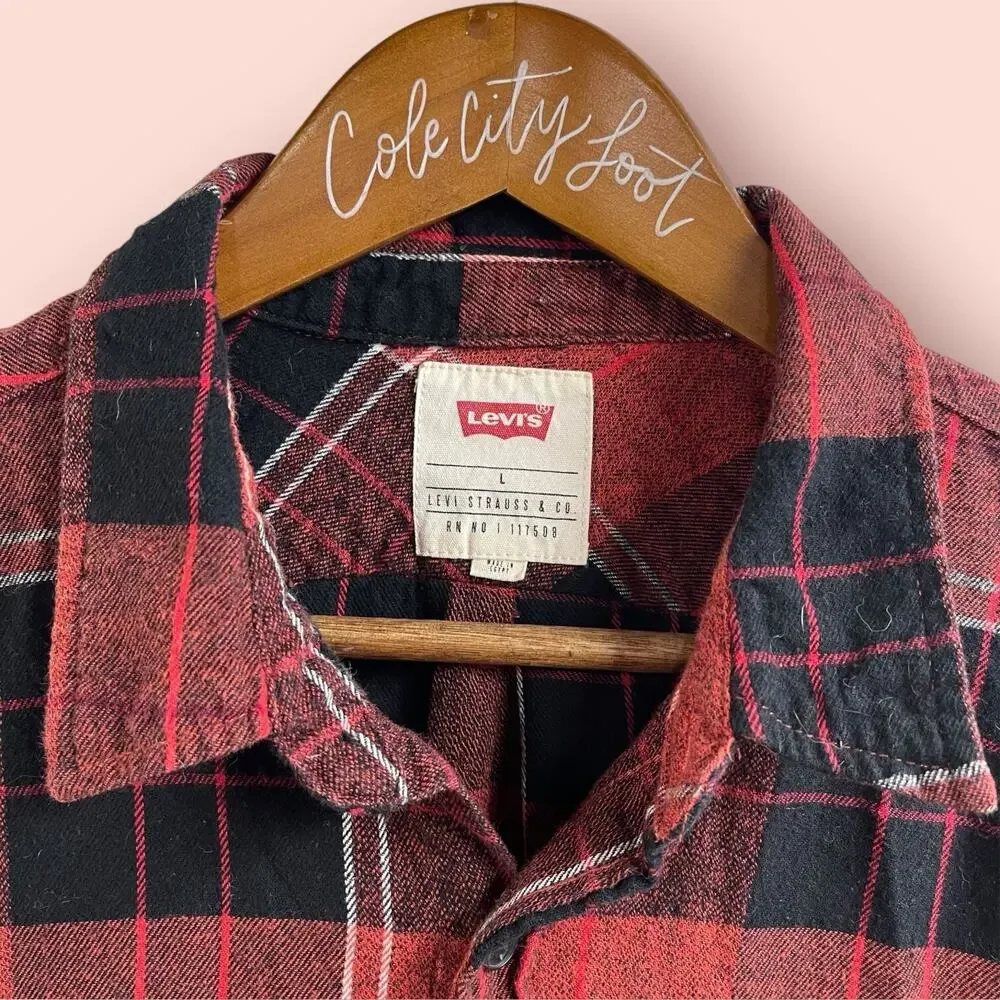 Levis Levi Strauss & Co Plaid Shirt Red & Black Long Sleeve Button Up Mens Large